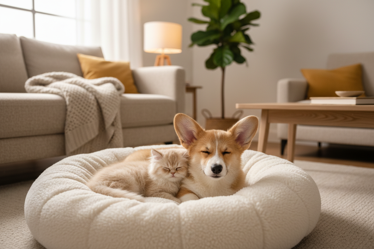 Corgi and Kitten in Cozy Bed